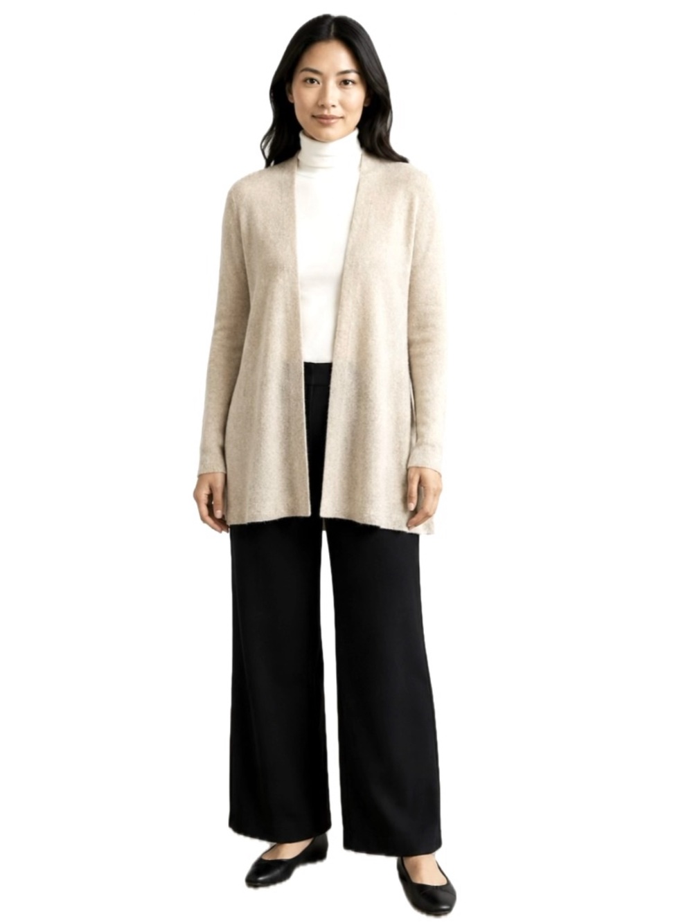 Eileen Fisher Open Cardigan Sweater 100% Wool Lightweight Oatmeal Size XS Petite